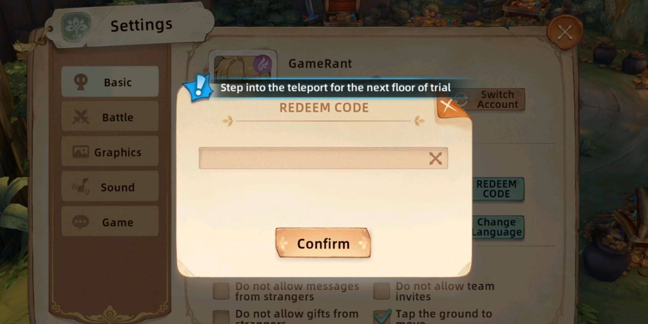 Image: In-game code redemption interface