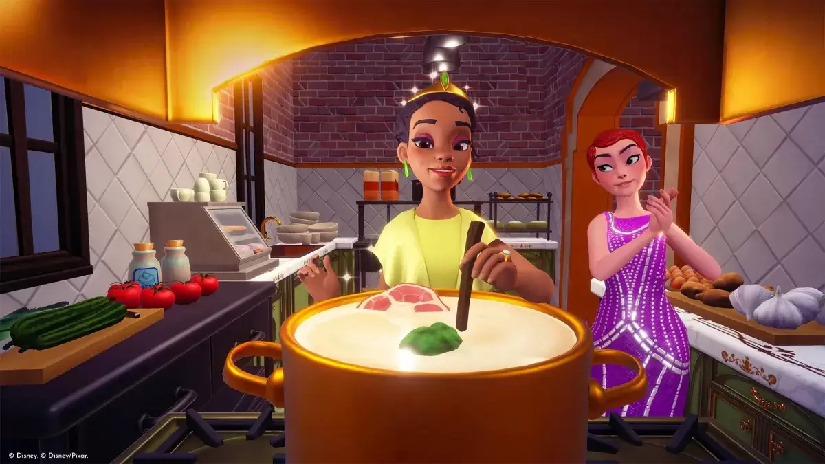 Tiana memasak di Disney Dreamlight Valley.