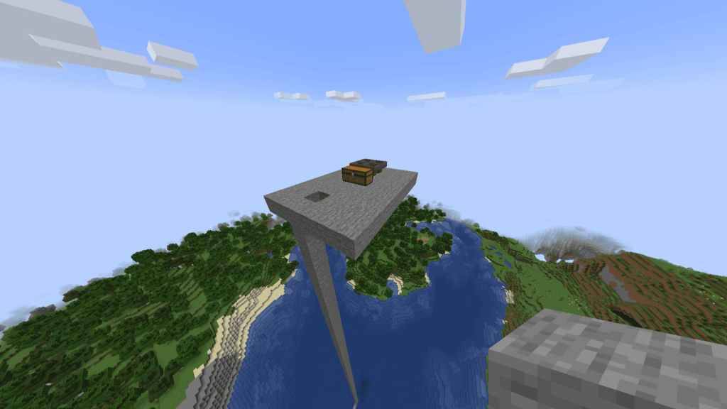 แพลตฟอร์มขนาดเล็ก Minecraft บนท้องฟ้าพร้อมหน้าอกและสี่ Hoppers สำหรับ Mob Spawner