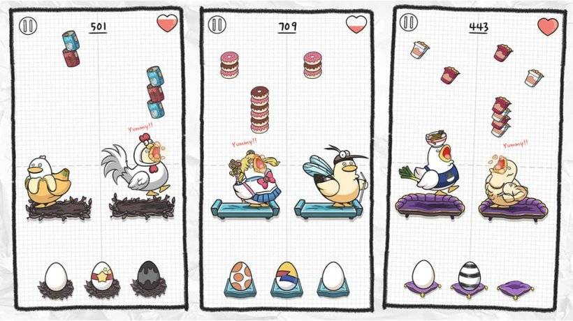 รูปภาพของการเล่นเกม Duck Town ที่แสดงอาหารที่มุ่งหน้าไปยังเป็ดที่แต่งตัวแตกต่างกันต่าง ๆ บางตัวในคอสเพลย์