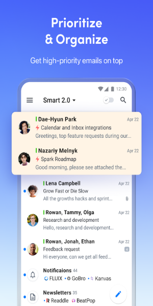 Spark Mail
</p>Composition d'e-mails sans effort<p>
L'assistant alimenté par l'IA de </p><p> simplifie la composition des e-mails.  Fournissez du contexte et laissez l’IA élaborer des réponses précises en quelques secondes.  Boostez votre productivité et votre professionnalisme grâce à des réponses IA rapides et de haute qualité.Spark Mail
</p>Gestion intelligente des e-mails<p>
</p>Priorisez automatiquement les e-mails importants.  Les e-mails personnels et professionnels hautement prioritaires sont mis en évidence, vous permettant ainsi de rester organisé et efficace.  Hiérarchisez, organisez et désencombrez facilement votre boîte de réception.<p>
</p>Donnez du pouvoir à votre équipe avec Spark Teams<p>
</p><p> facilite la collaboration en équipe.  Invitez vos coéquipiers à collaborer sur la gestion de la boîte de réception, à discuter des e-mails en privé et à tirer parti de l'édition des e-mails basée sur l'IA pour une communication professionnelle.Spark Mail
</p>Améliorez votre expérience de messagerie avec <p> :Spark Mail<ul><li>Intégration multi-comptes transparente</li><li>Composition des e-mails basée sur l'IA</li><li>Priorisation intelligente de la boîte de réception</li><li>Fonctionnalités avancées telles que Gatekeeper (contrôle et sécurité améliorés)</li> <li>Gestion des tâches, planification et fichiers partage</li><li>Confidentialité et sécurité robustes (cryptage et conformité RGPD)</li></ul><p>Découvrez l'avenir de la gestion des e-mails avec Spark Mail et prenez le contrôle de votre boîte de réception.</p>