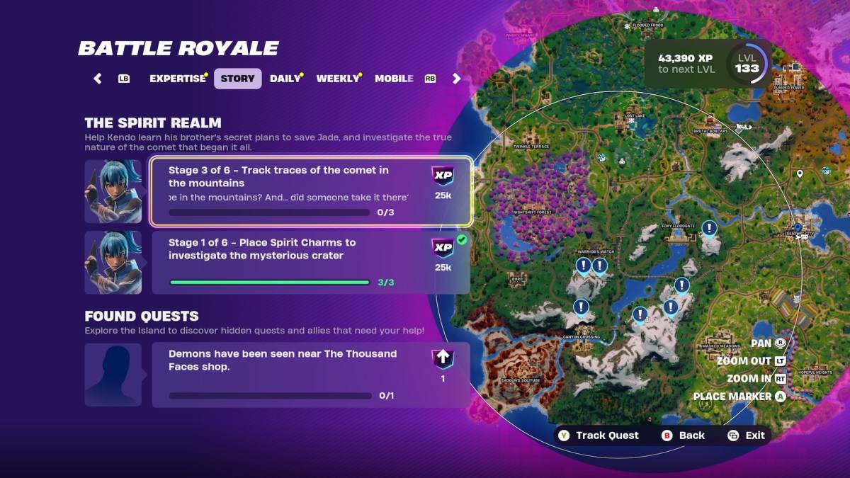Mga lokasyon ng mapa para sa mga bakas ng kometa sa Fortnite.