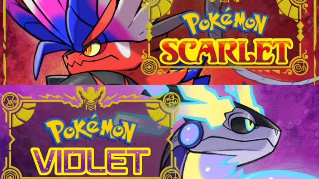 Arte da capa para Pokemon Scarlet e Pokemon Violet, com Koraidon e Miradon, bem como os logotipos do jogo