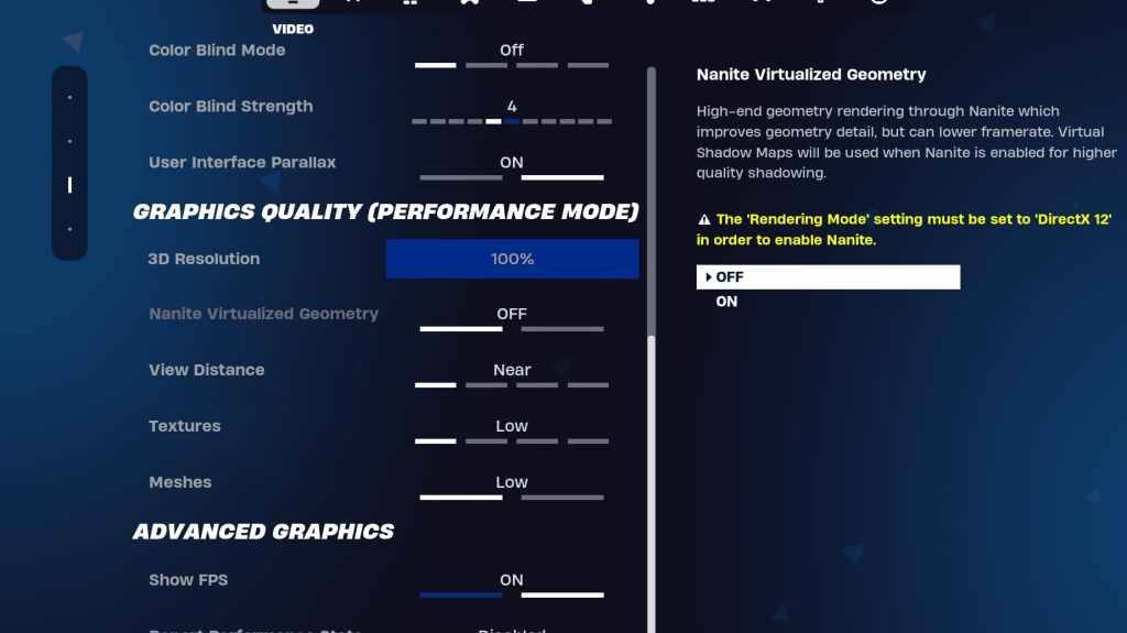 Configuración de gráficos de Fortnite