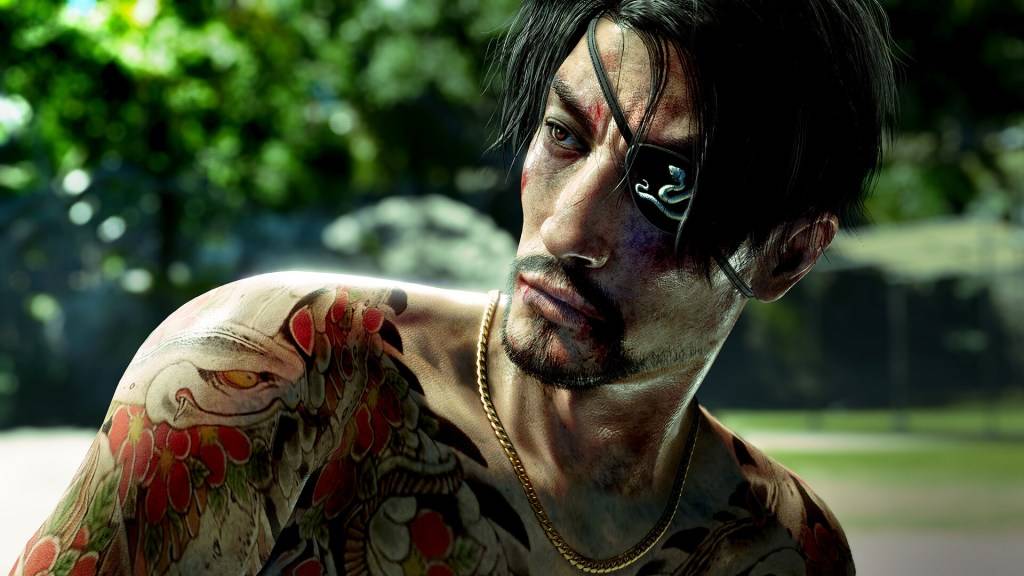 Als een draak: Pirate Yakuza in Hawaii, Goro Majima met groen achter hem.