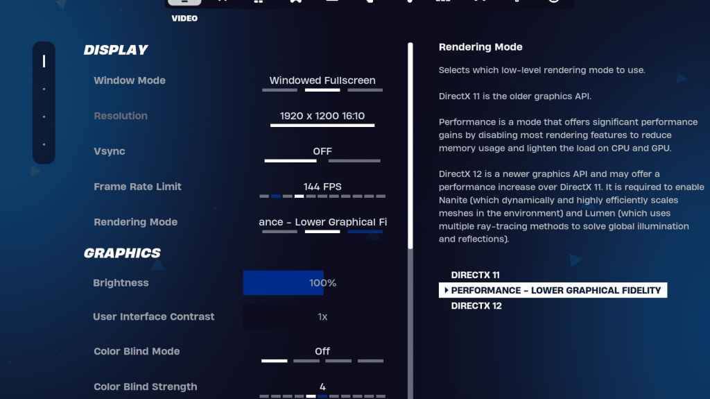 Configuración de visualización de Fortnite