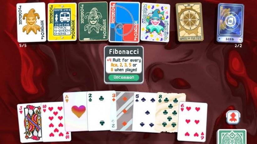 Visual promosi permainan Balatro dengan format seperti solitaire di mana kad ditetapkan